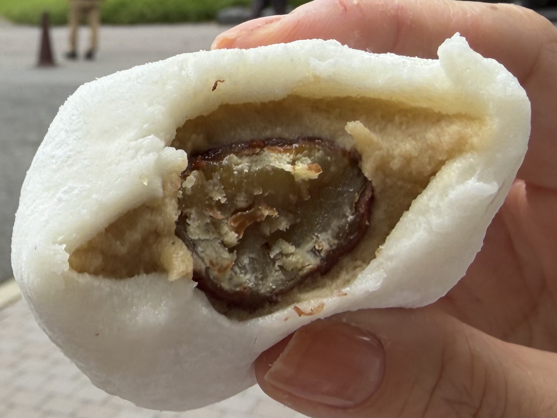 手に持った、具材を包んだ白い蒸し生地の食べ物の断面。