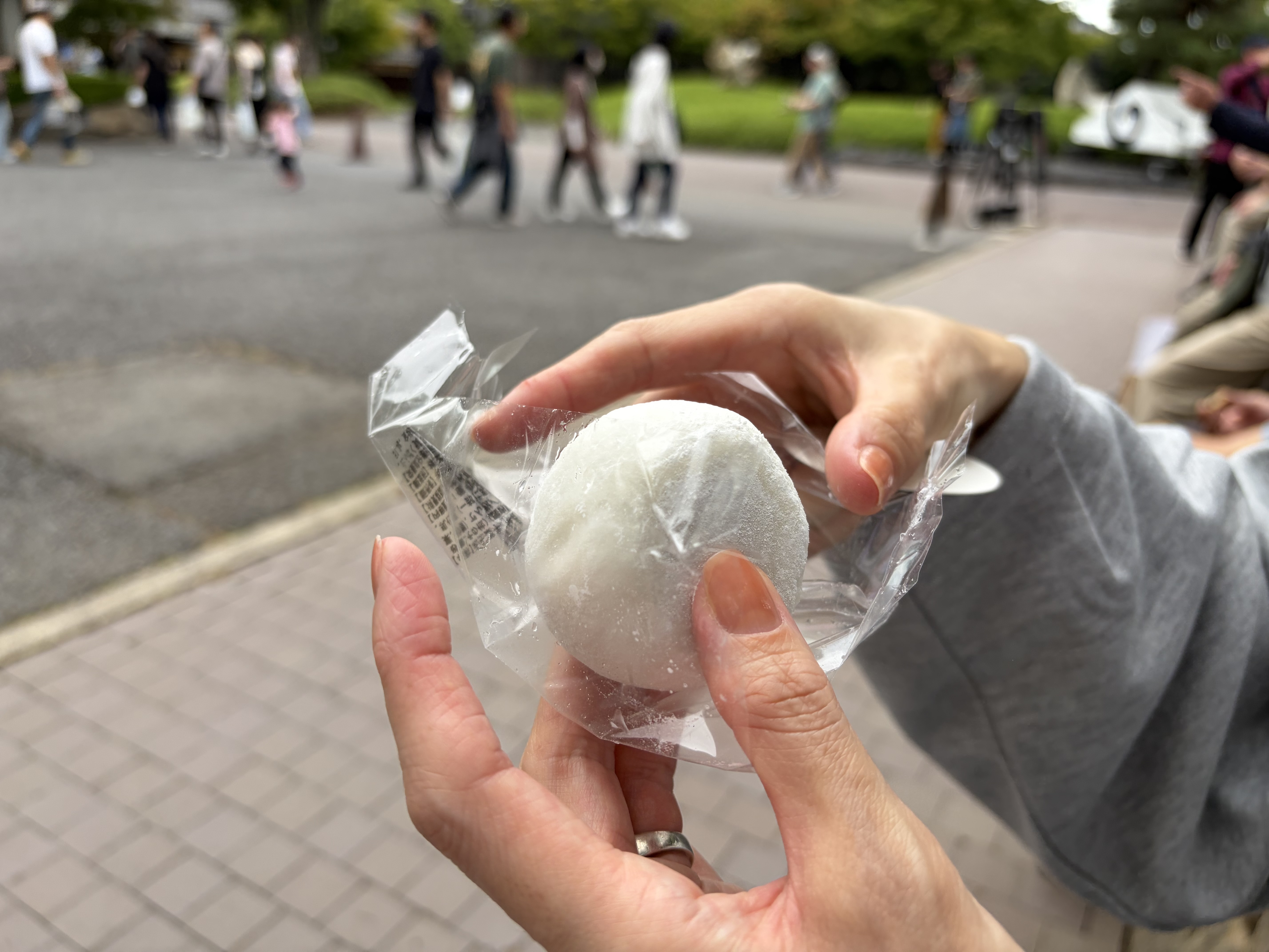 屋外で透明な包装に入った白い丸い菓子を手に持つ様子。背景には歩行者がぼけて写っている。