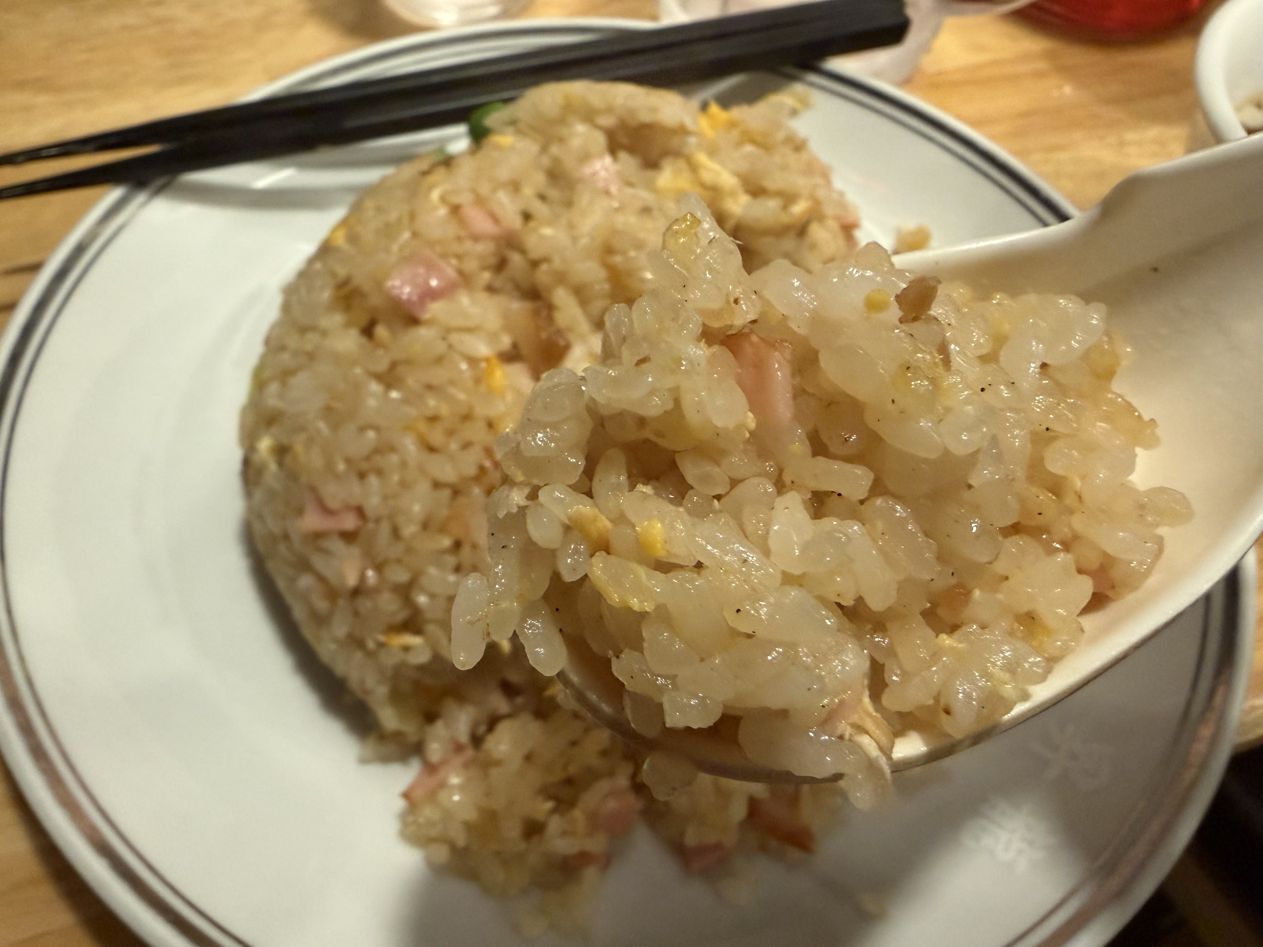皿に盛られた炒飯をれんげですくい上げている。