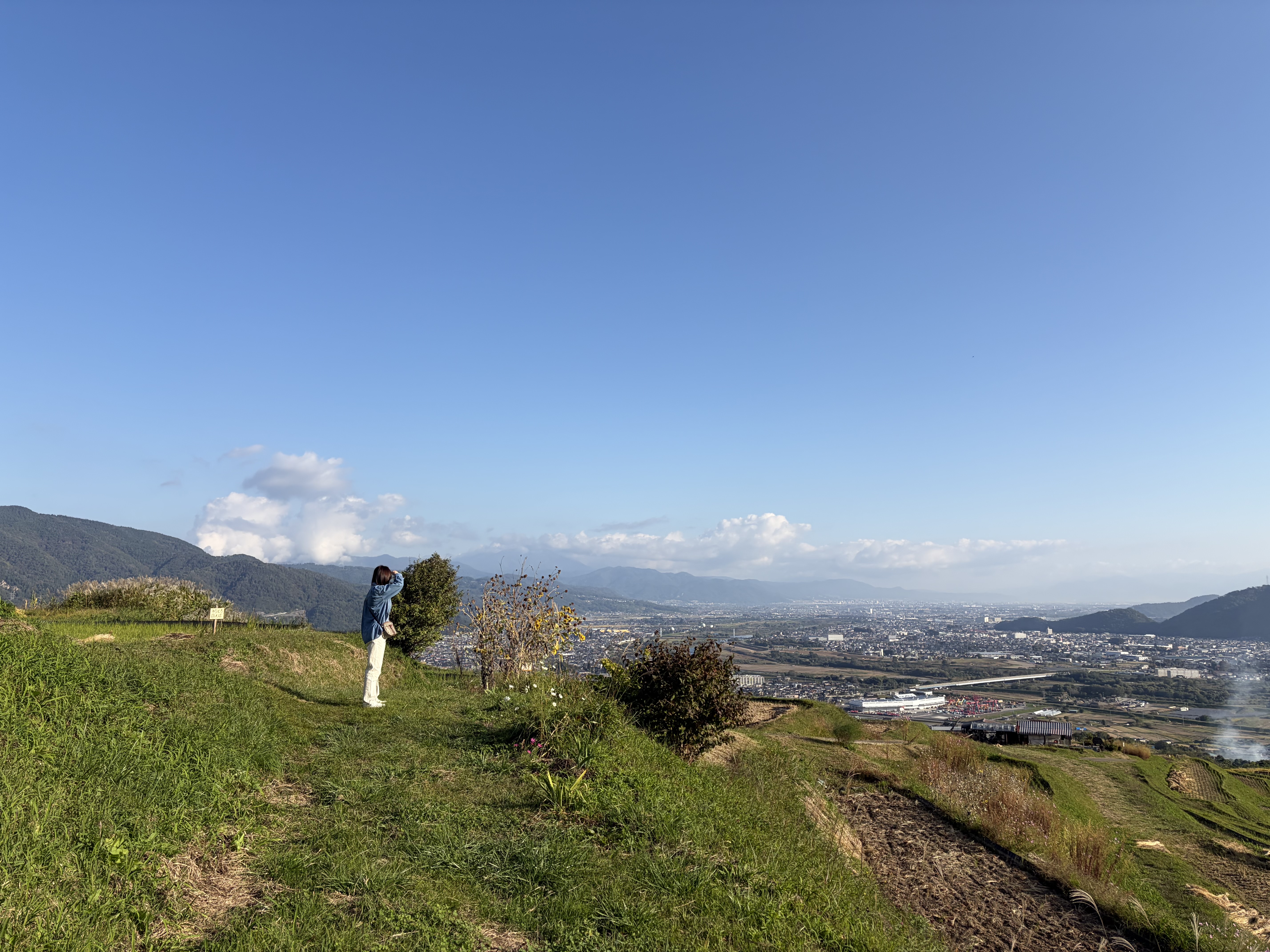 青空の下、緑の丘の斜面に立つ人物と、遠くに広がる市街地や山並み。